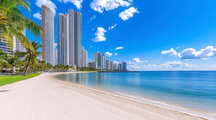 Obraz premium Tranquil Beachfront with High-Rise Buildings and Clear Blue Sky