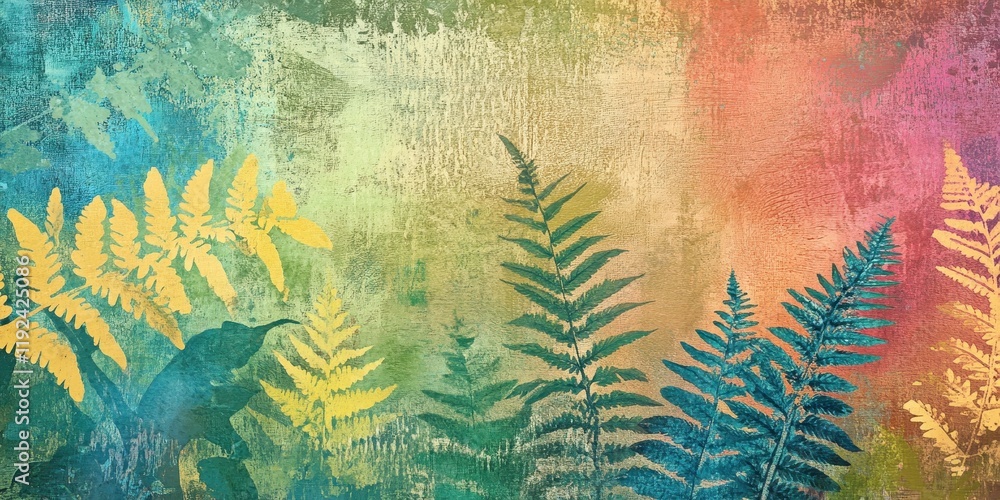 Poster abstract colorful botanical background with ferns and subtle hummingbird silhouette.