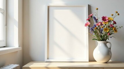 Sunlight illuminates a blank white frame and a vase of vibrant wildflowers on a light wood surface