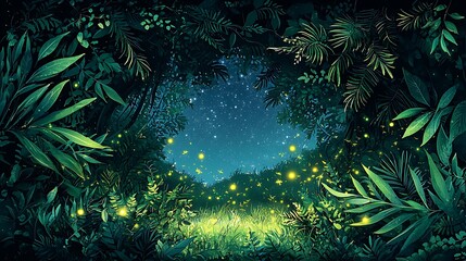 Fototapeta premium Enchanting Night Scene of Lush Tropical Foliage Illuminated by Fireflies Under a Starry Sky.