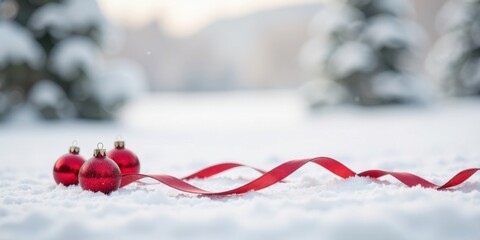 Winter Wonderland Festive Scene Red Ornaments and a Crimson Ribbon Resting on a Snowy Surface with a Blurred Background of Frosty Evergreens