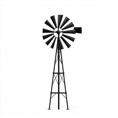 A windmill-powered irrigation system, renewable energy in agriculture, vintage sketch style, monochrome, isolated on white background
