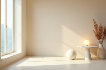 Fototapeta premium Serene Minimalist Interior Scene with Sunlight Illuminating a Tabletop Arrangement