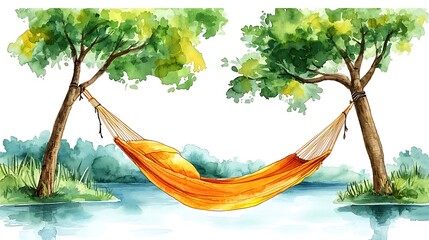 Watercolor painting of an orange hammock hanging between two trees by a tranquil lake, evoking serenity and relaxation.