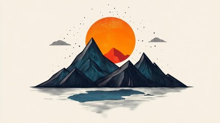 Colorful Mountain Landscape with Sun and Clouds at Sunset