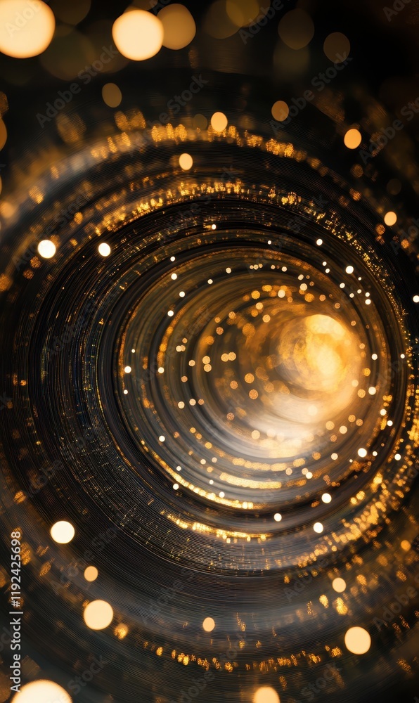 Poster abstract golden tunnel of light with bokeh effect and dark background.