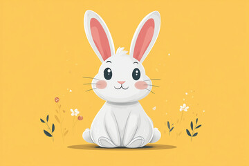 Fototapeta premium Smiling Easter bunny sitting on a bright yellow background with spring flowers 