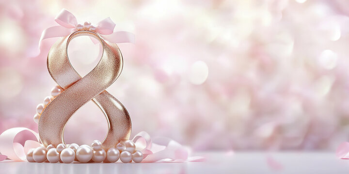 Elegant golden ribbon number eight surrounded by pearls and soft pastel backdrop at a celebration event