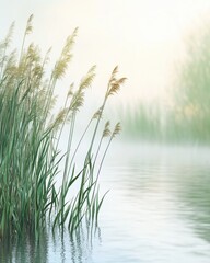 Fototapeta premium Serene Lakeside Scene with Reeds in Morning Mist.