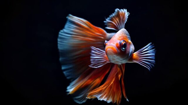 A Thai Betta fish is swimming slowly, with the focus solely on the fish and a completely black background.
