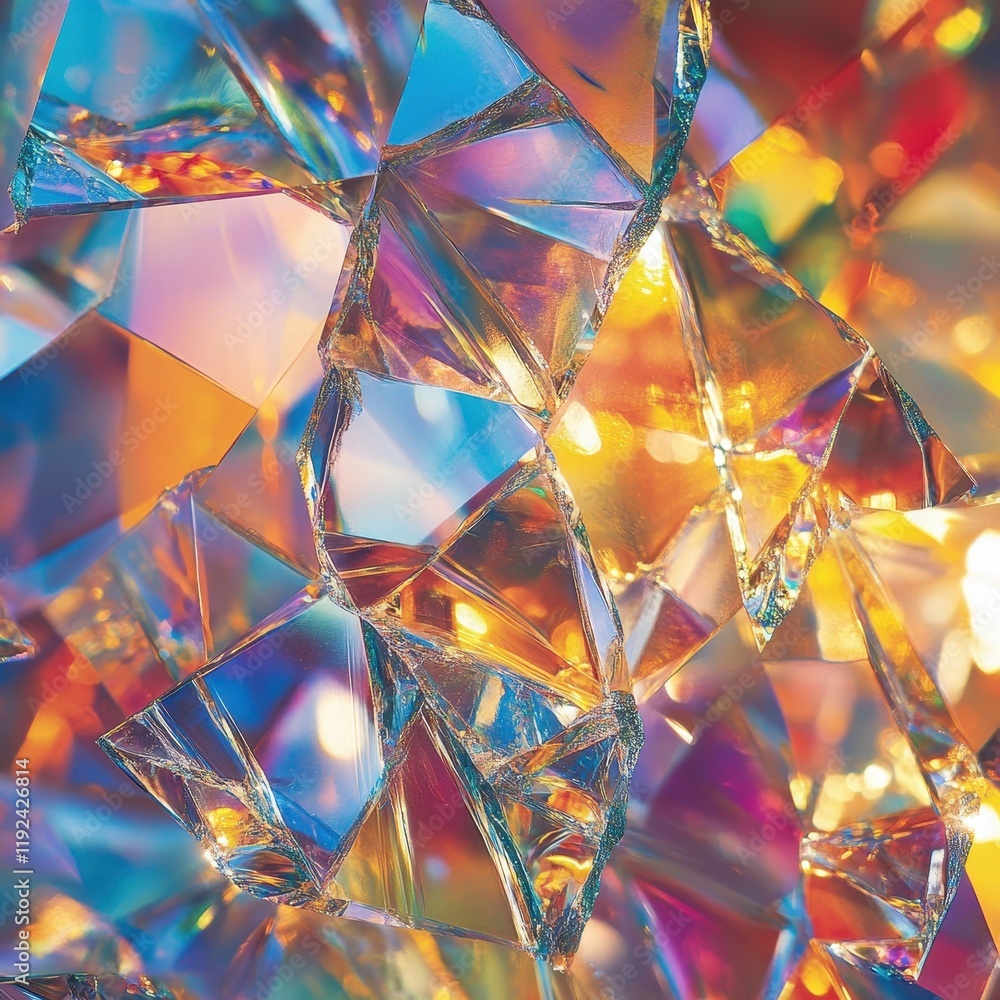 Poster abstract macro close-up of fractured transparent iridescent material with reflected light.