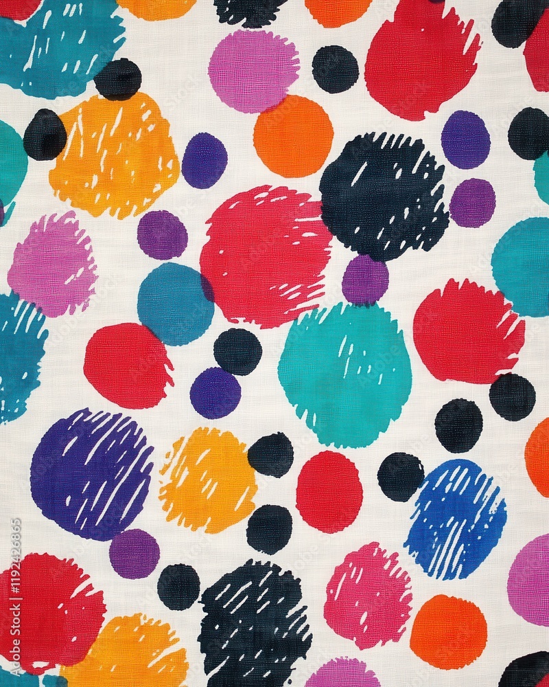 Poster vibrant retro circle pattern fabric texture with scribbled strokes on cream background.