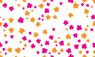 A cheerful and dynamic seamless pattern featuring bright pink and orange abstract floral shapes on a crisp white background. Perfect for branding, websites, packaging, textiles