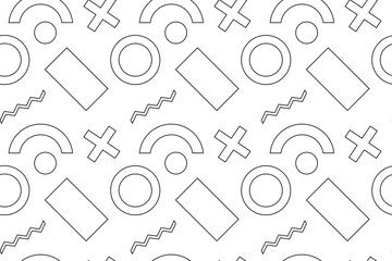 Black and white seamless pattern with circles, arcs, rectangles, crosses, and zigzag lines in a minimalist style.
