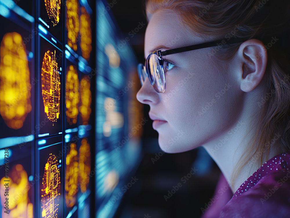 Aufkleber focused woman analyzing data on multiple high tech digital screens in modern workspace