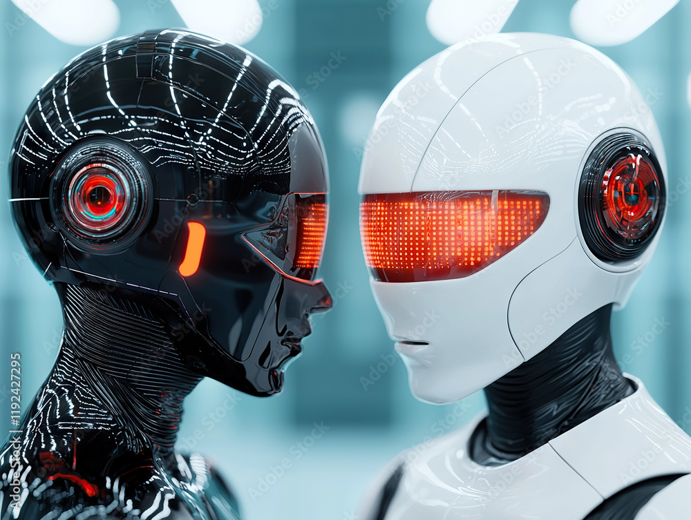 Poster two futuristic humanoid robots with illuminated red visors face each other in high tech environment