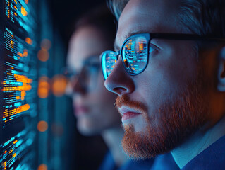 focused team analyzing complex data on digital screens in high tech environment