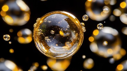 Golden bubbles floating in a dark background