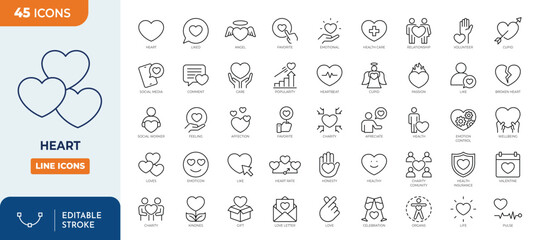 Heart icon set. Containing love, life, heartbeat, caring, passion, healthcare, like, charity and more. Outline Icon Collection. Vector illustration. Editable stroke	