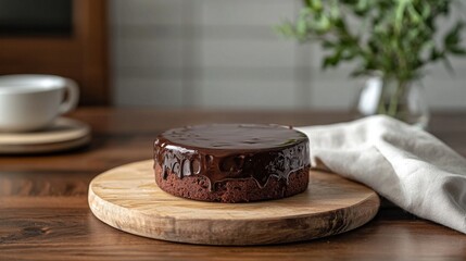 Keto brownie with chocolate glaze on wooden board setup
