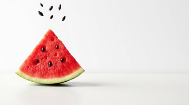 A refreshing slice of watermelon with seeds playfully floating above it, against a clean white backdrop