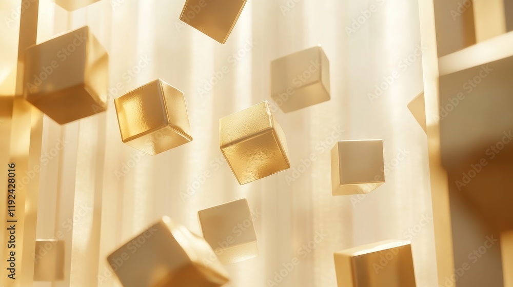 Poster abstract golden cubes floating in light, 3d render.