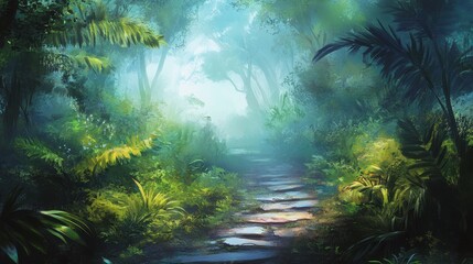 Fototapeta premium Enchanting Path Through a Lush, Misty Tropical Rainforest with Stone Stepping Stones.