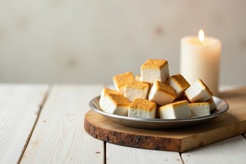 A delightful arrangement of golden-brown cubed confections, gently resting on a rustic wooden board, next to a softly glowing candle, creating a serene and inviting atmosphere.