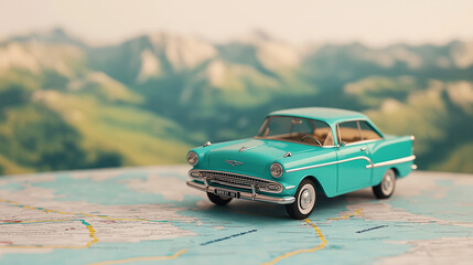 Road trip insurance, car model, insurance form, map, 3D illustration