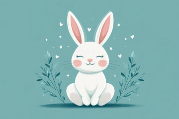 Obraz premium Cute cartoon rabbit in a pastel-colored scene with floating hearts. 