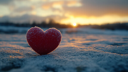Fototapeta premium Red heart in snow during sunset on Valentine's Day