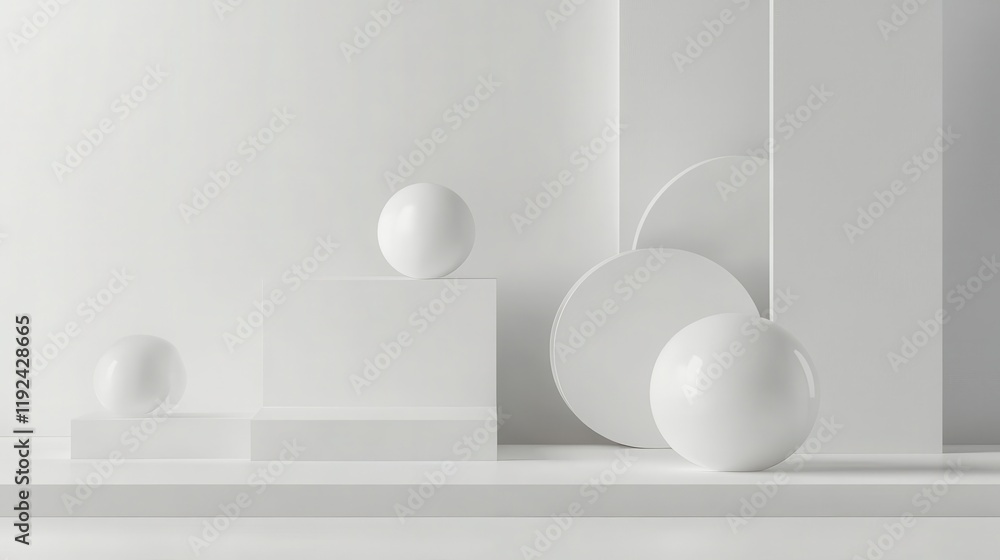 Poster minimalist white geometric composition with spheres and rectangular platforms, 3d render.