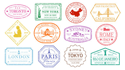 PNG Colorful travel destination stamps , set on transparent background