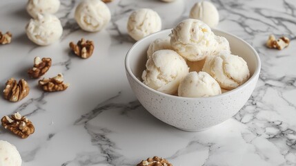 Frozen yogurt almond milk bites on marble with nuts styling