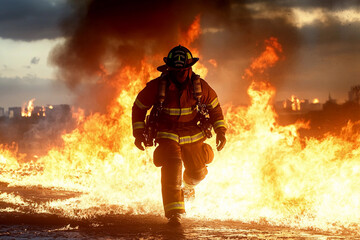 Obraz premium Firefighter bravely battles flames during city blaze