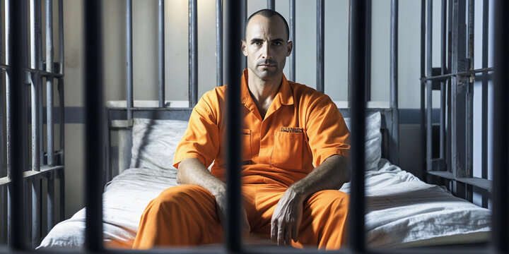 Inmate sits in a prison cell wearing orange uniform