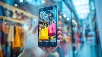 A digital storefront on a smartphone screen, featuring discounts on bags and dresses.