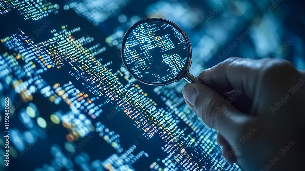 Poster code inspection under magnifying glass: a hand holds a magnifying glass over lines of code, illumina