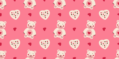 Teddy Bear, sweets and heart Seamless pattern Valentines day love events. Trendy flat minimalist endless design for wrapping, cover, wallpaper, posters. Cute pink romantic vibes. Children cloth art.