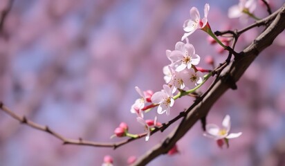 Obraz premium Cherry blossoms in full bloom against a soft, pastel blue and pink background