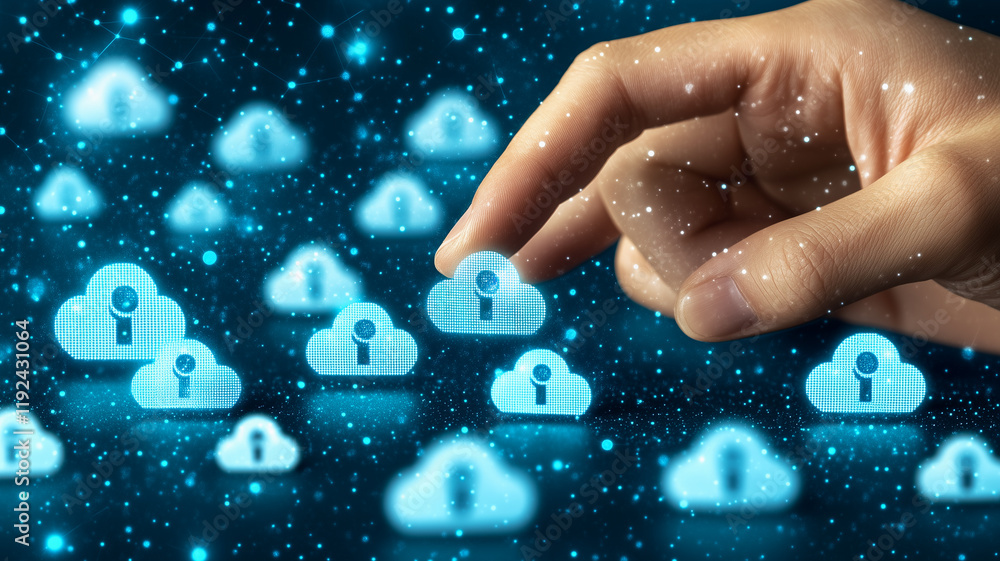 Poster cloud computing: a hand reaches out to select a single cloud icon amidst a field of others, symboliz