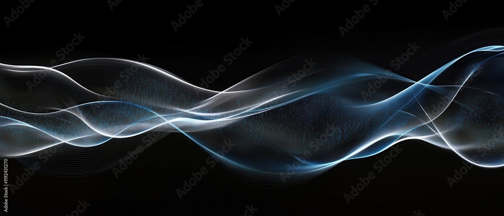 Aufkleber abstract flowing light waves with digital data points on black background.