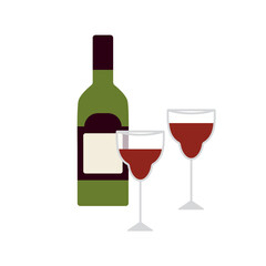 Red wine bottle, two filled glasses. Vine drink and wineglasses couple. Festive alcoholic beverage, alcohol in goblets, stemware for celebration. Flat vector illustration isolated on white background