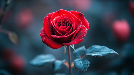 Red rose symbolizing love in a garden on Valentine's Day morning