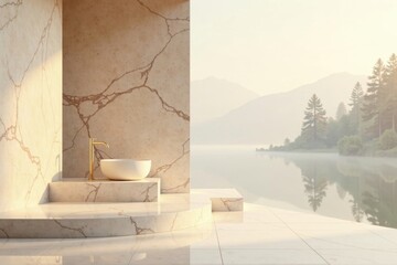 Serene Minimalist Bathroom Design with Golden Faucet and Oval Basin Overlooking a Misty Lake at Sunrise