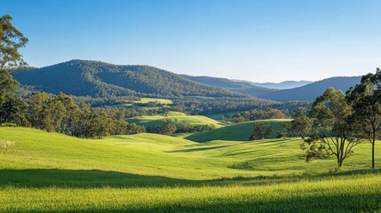 Fototapeta premium Lush Green Rolling Hills Landscape with Distant Mountains under a Clear Blue Sky.
