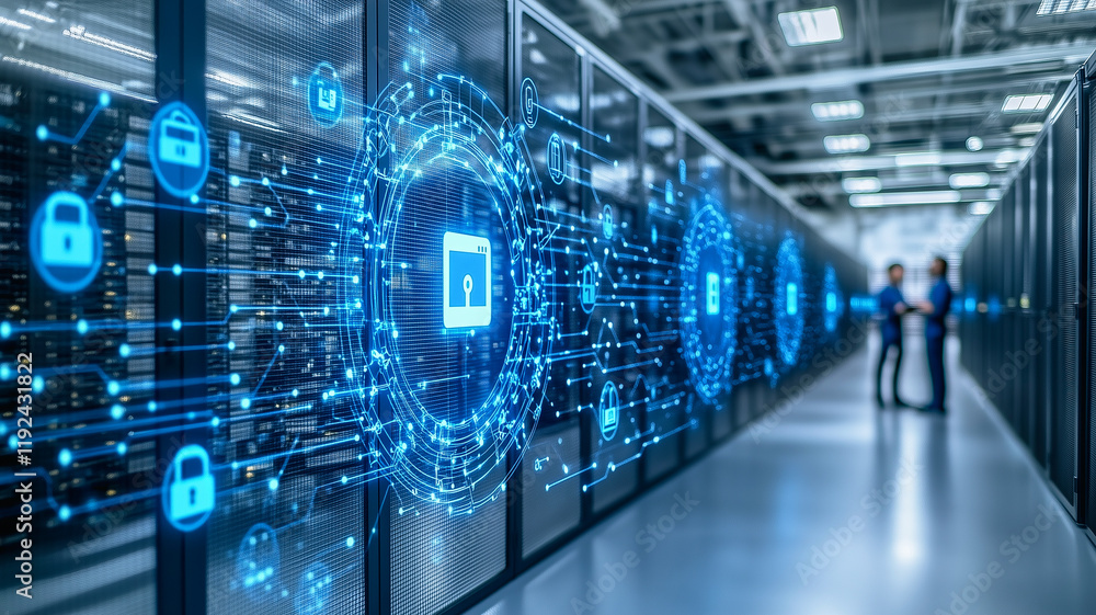 Poster data security and network architects: two it specialists stand amidst rows of powerful servers, thei