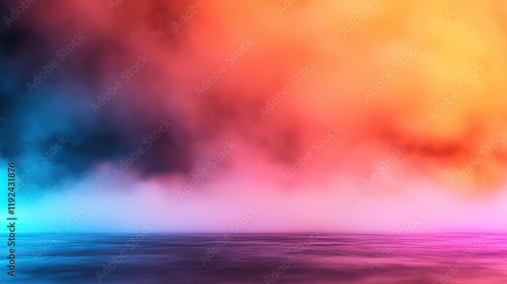 Poster Blurred abstract background idea. Vibrant colored fog envelops a serene water surface, creating a surreal atmosphere.