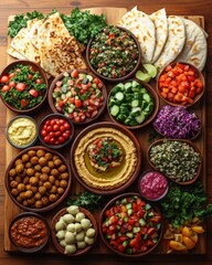 A vibrant overhead shot showcasing a wooden board laden with an array of Middle Eastern mezze dishes, including hummus, tabbouleh, various salads, and pita bread. Perfect for culinary blogs, restauran
