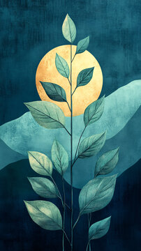 Minimalist retro whimsical illustration delicate plant soft leaves earthy textured background serene artistic aesthetic acrylic abstract boho wall decor home grass might zen yoga office therapy